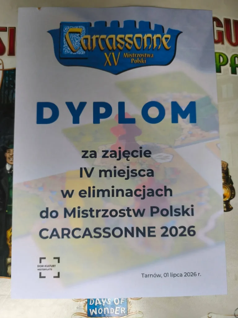 Dyplom za IV miejsce w eliminacjach do Mistrzostw Polski Carcassonne 2026